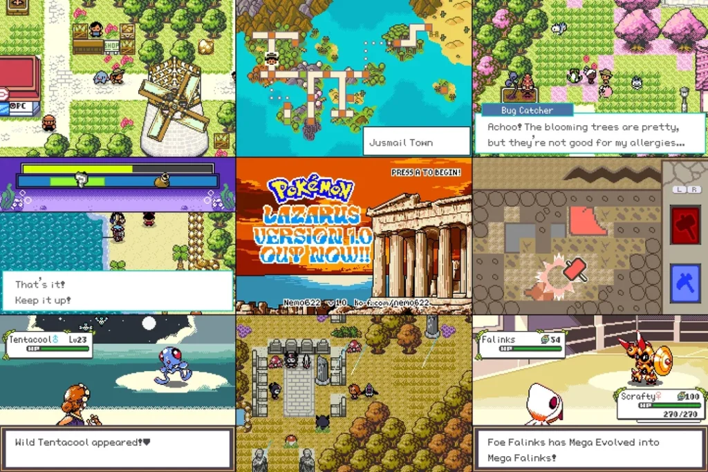 Gameplay scenes from Pokemon Lazarus showing locations, battles and the Ilios Region